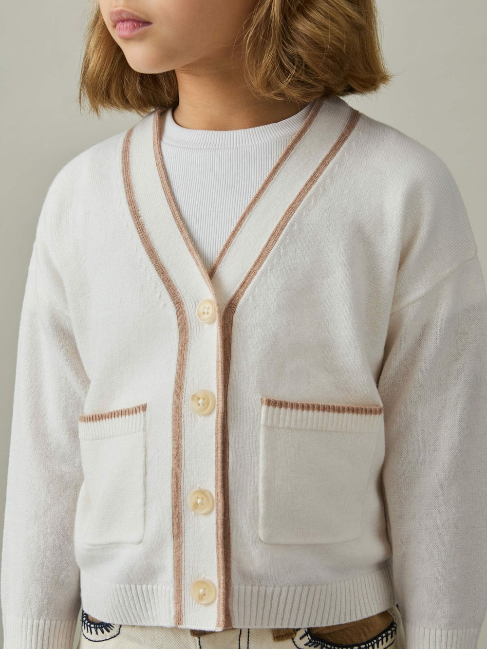 13-14 yrs Wool-Blend Stripe-Detail Cardigan With Cashmere Cream | Children & Baby