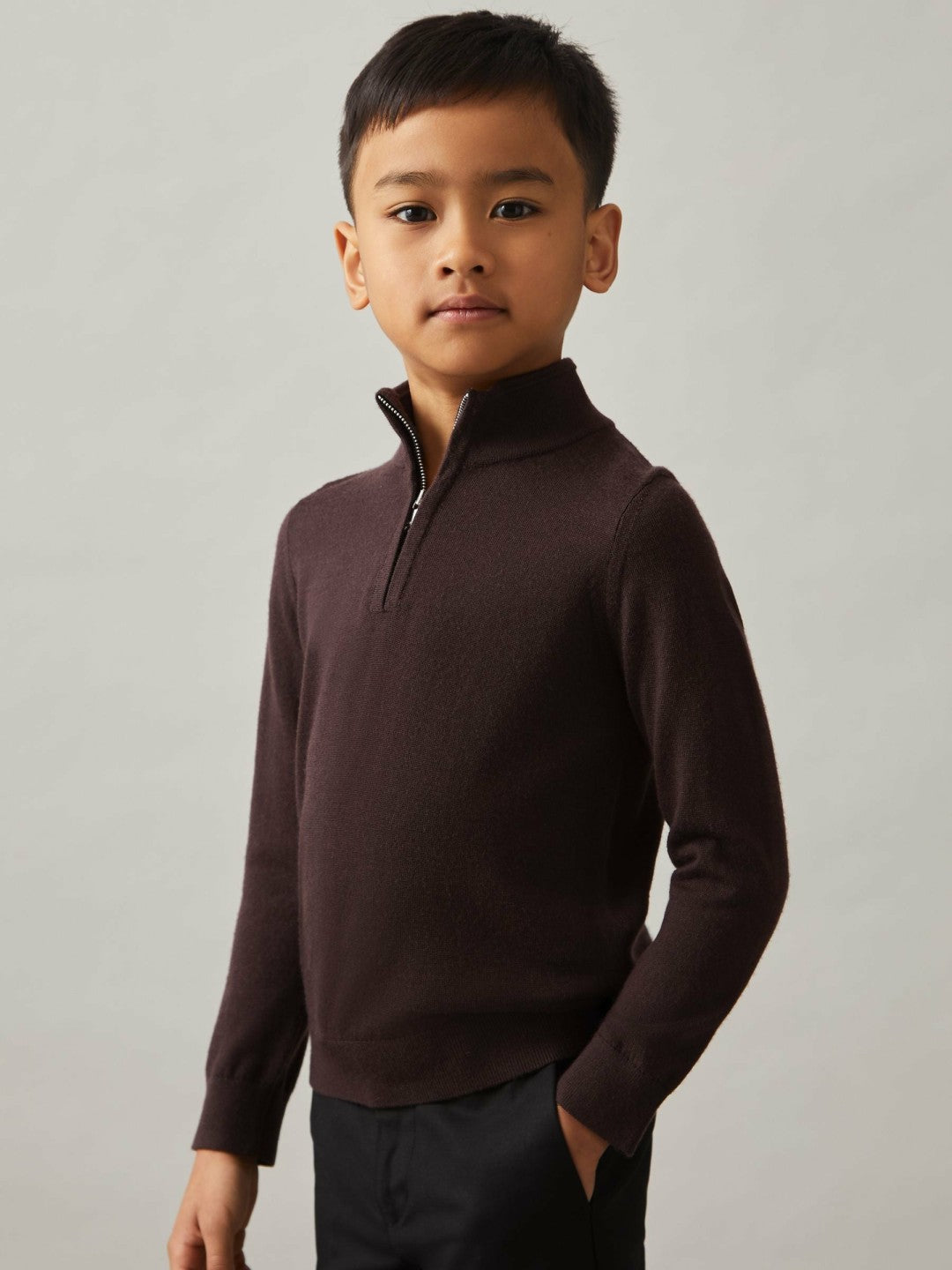 9-13 yrs Merino Wool Half-Zip Funnel Neck Jumper Dark Bordeaux | Children & Baby