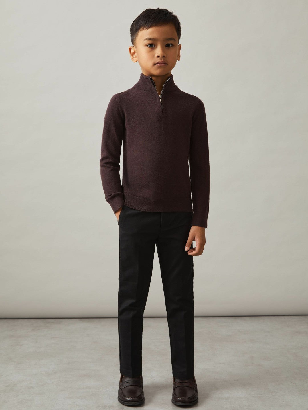 9-13 yrs Merino Wool Half-Zip Funnel Neck Jumper Dark Bordeaux | Children & Baby