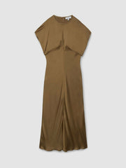 Satin Short-Sleeve Midi Dress Khaki | Women