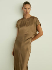 Satin Short-Sleeve Midi Dress Khaki | Women