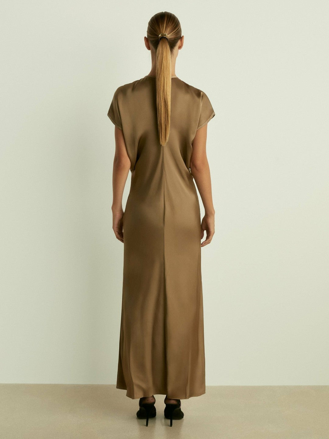 Satin Short-Sleeve Midi Dress Khaki | Women