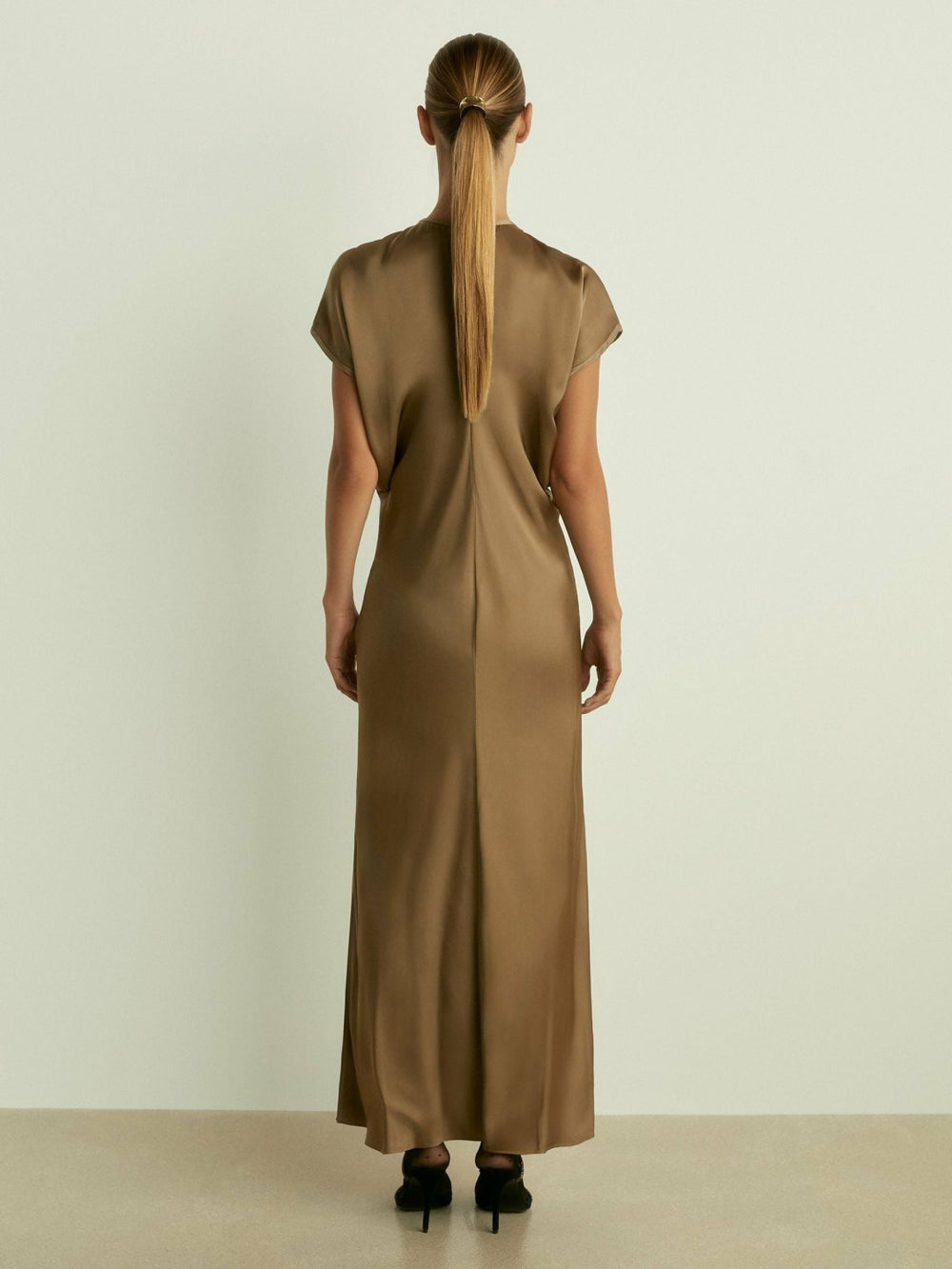 Satin Short-Sleeve Midi Dress Khaki | Women