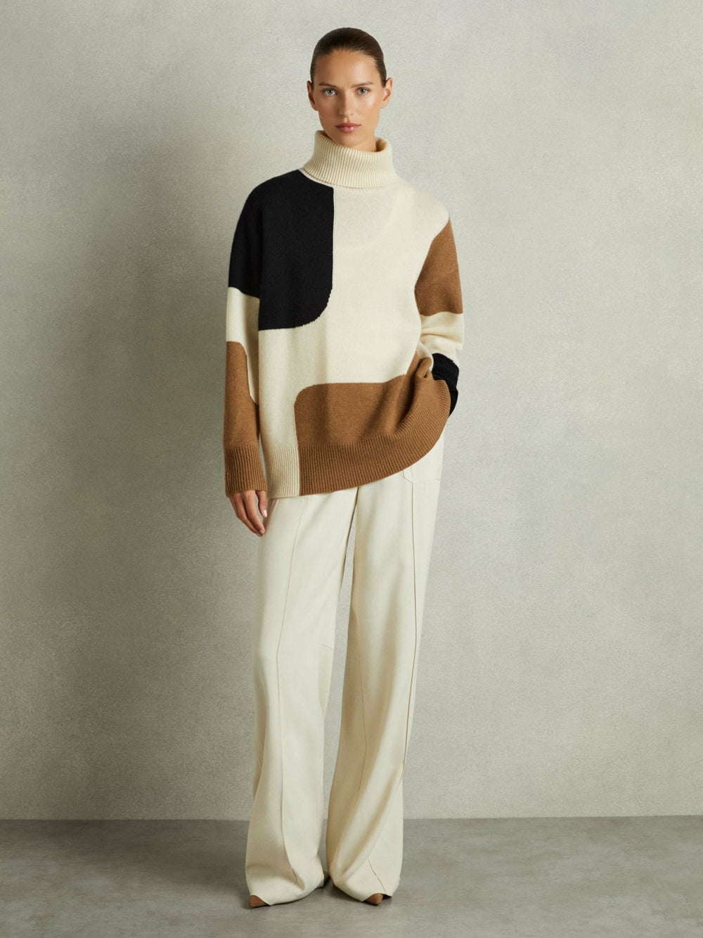Wool-Cashmere Colourblock-Intarsia Jumper Cream/Brown | Women
