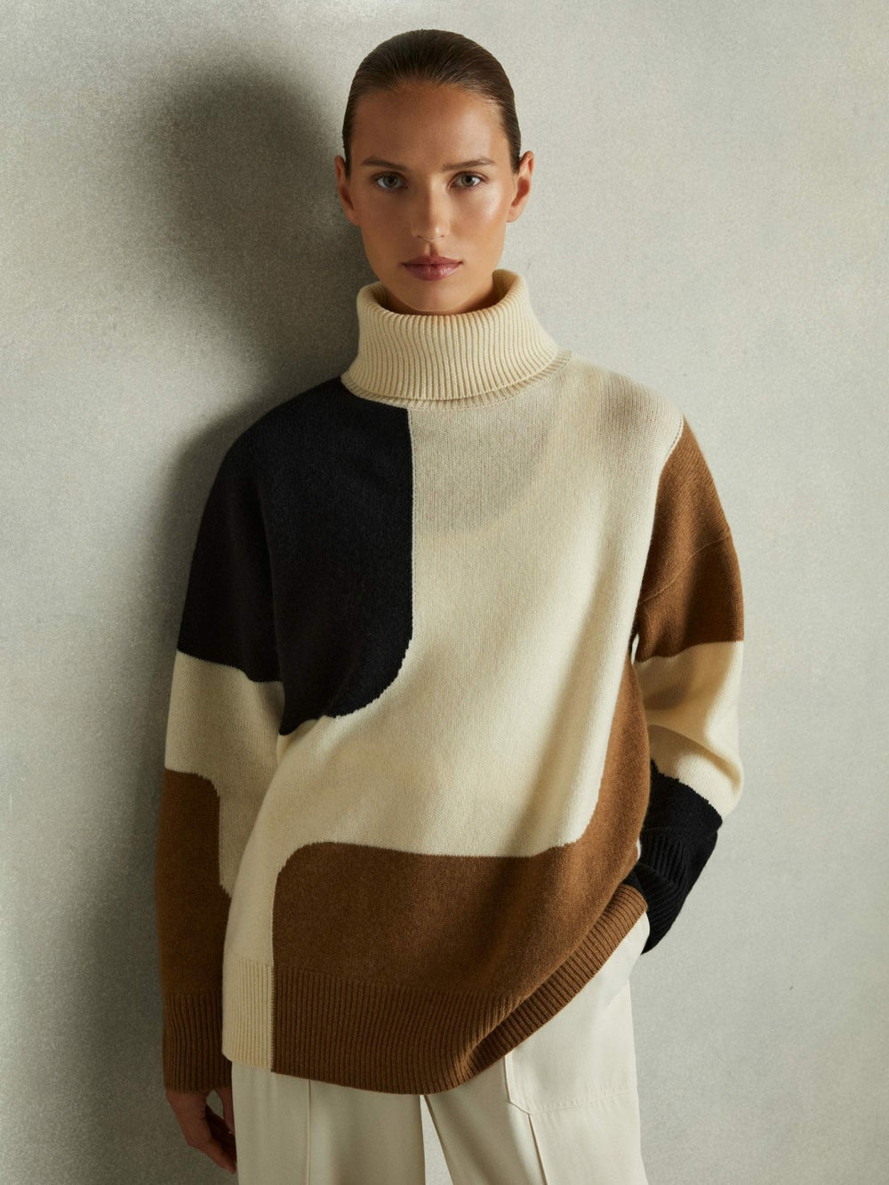 Wool-Cashmere Colourblock-Intarsia Jumper Cream/Brown | Women