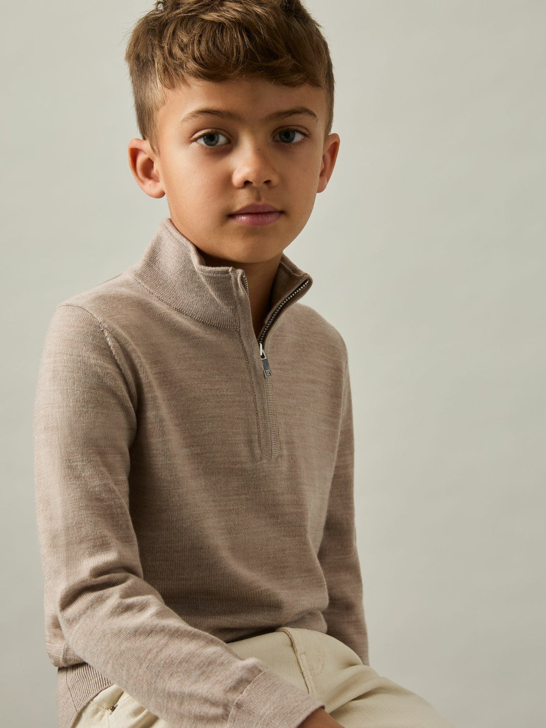 3-9 yrs Merino Wool Half-Zip Funnel Neck Jumper Wheat Melange | Children & Baby
