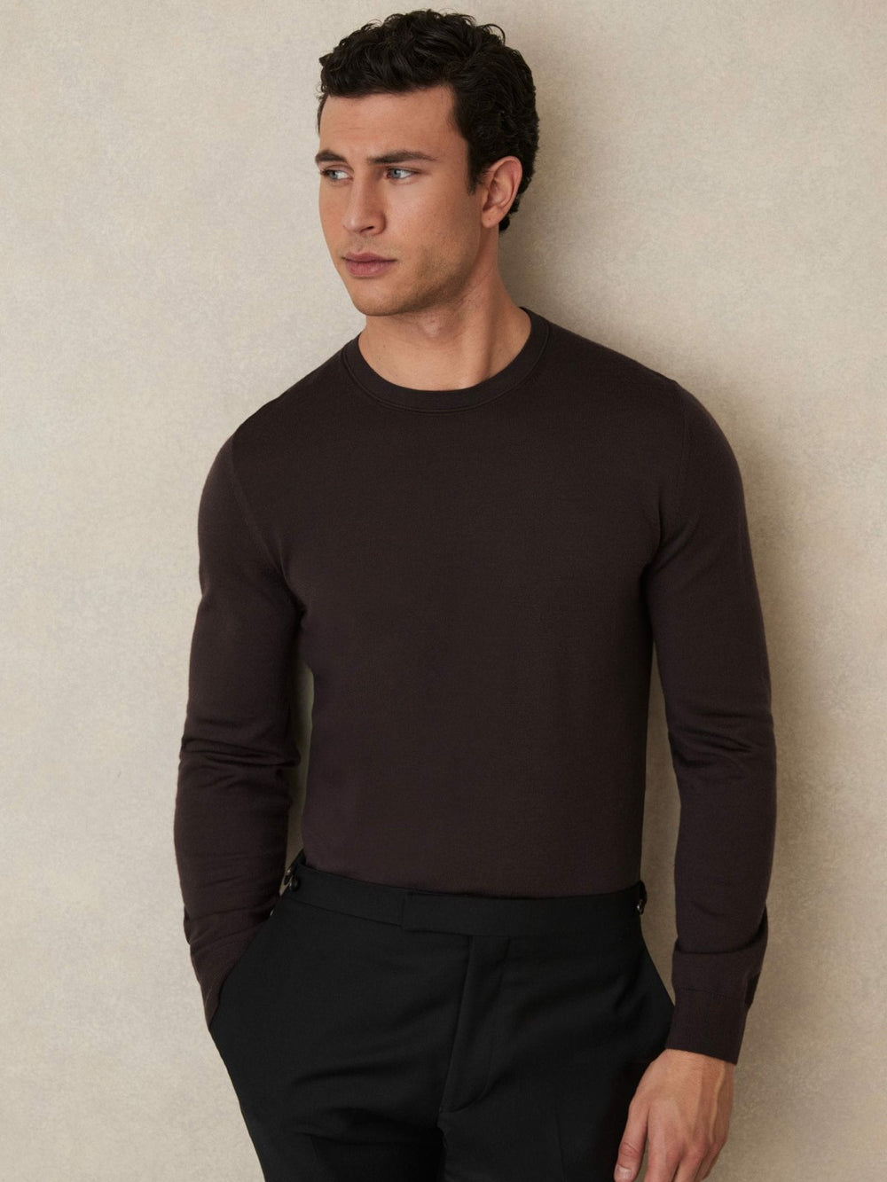 Merino Wool Crew Neck Jumper Dark Bordeaux | Men