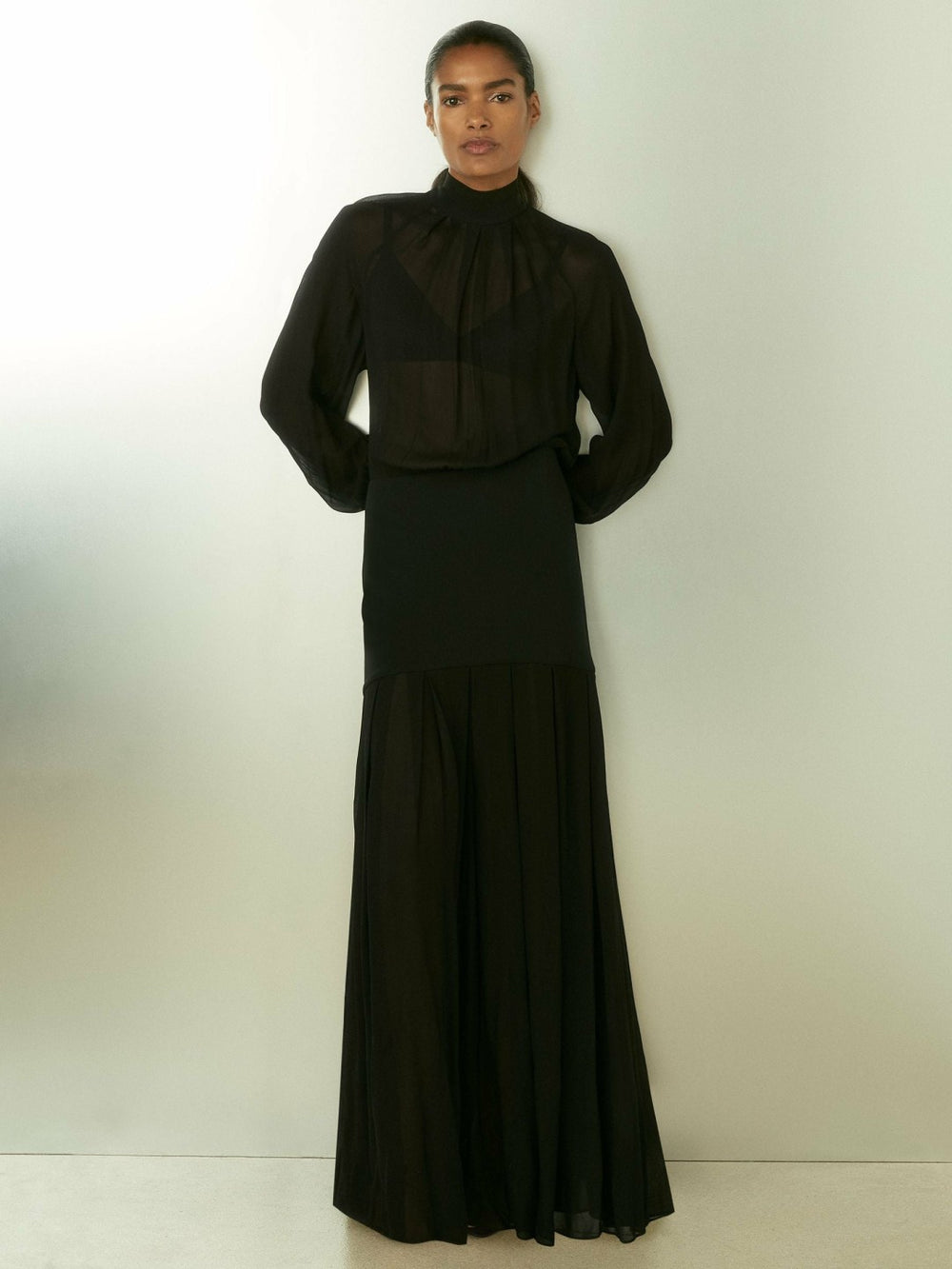 Sheer Jersey Gathered Maxi Dress Black | Women