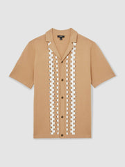 Geometric Cuban-Collar Knit Shirt Camel/Off White | Men