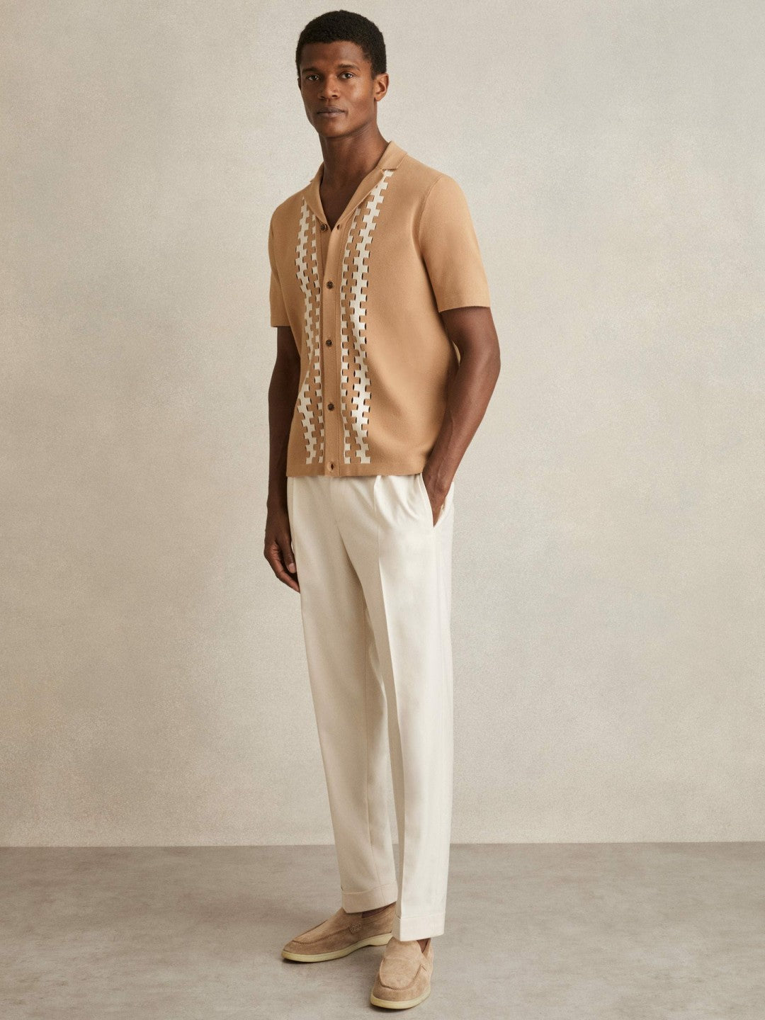 Geometric Cuban-Collar Knit Shirt Camel/Off White | Men
