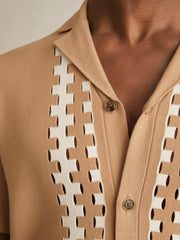 Geometric Cuban-Collar Knit Shirt Camel/Off White | Men
