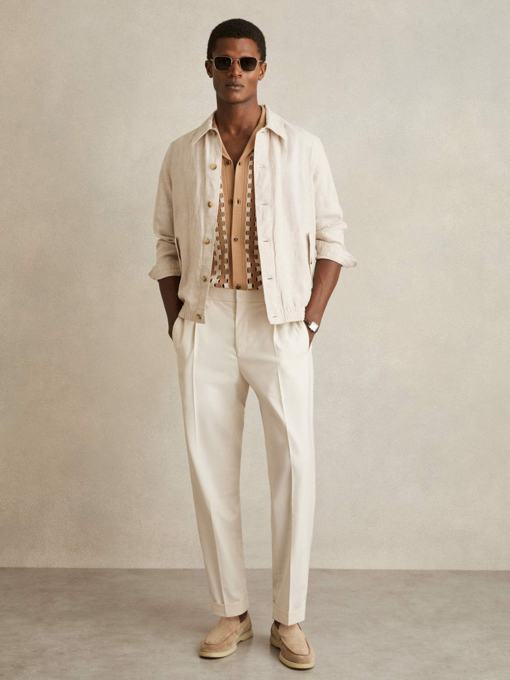 Geometric Cuban-Collar Knit Shirt Camel/Off White | Men