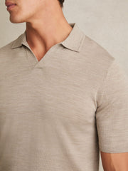 Merino Wool Open Collar Polo Shirt Wheat Melange | Men