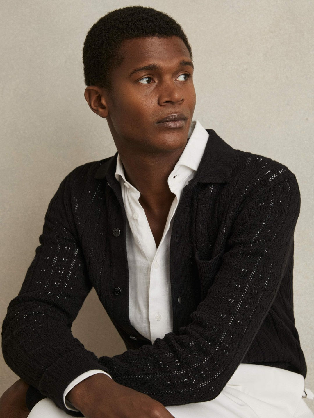 Cotton-Blend Textured Knit Shirt Black | Men