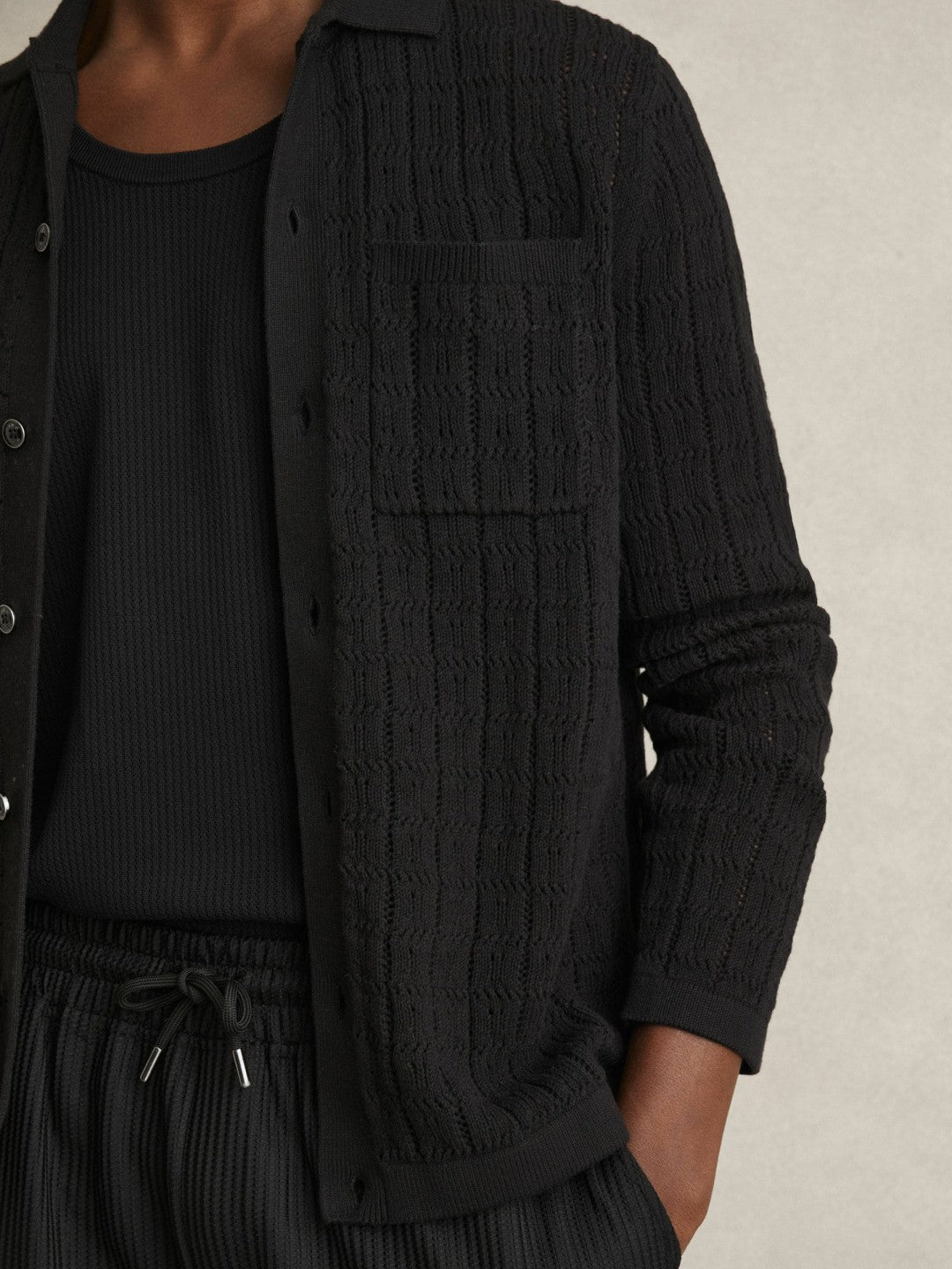 Cotton-Blend Textured Knit Shirt Black | Men