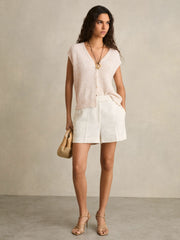 Cotton-Linen Button-Through Knit Top Ivory | Women