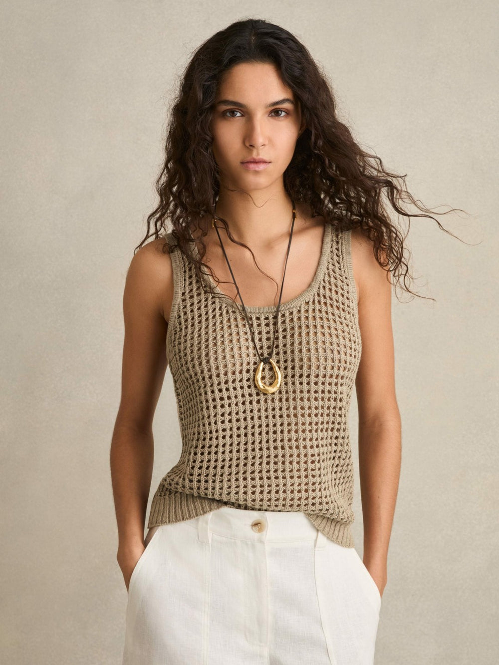 Linen Open Knit Vest Stone | Women