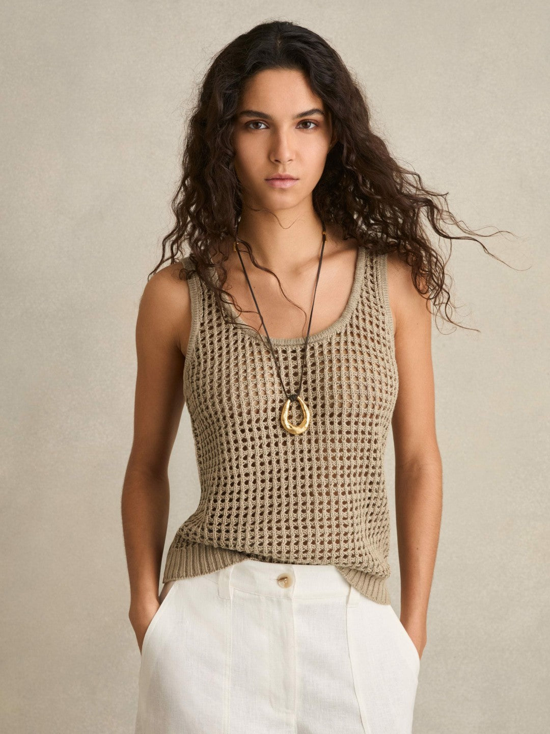 Linen Open Knit Vest Stone | Women