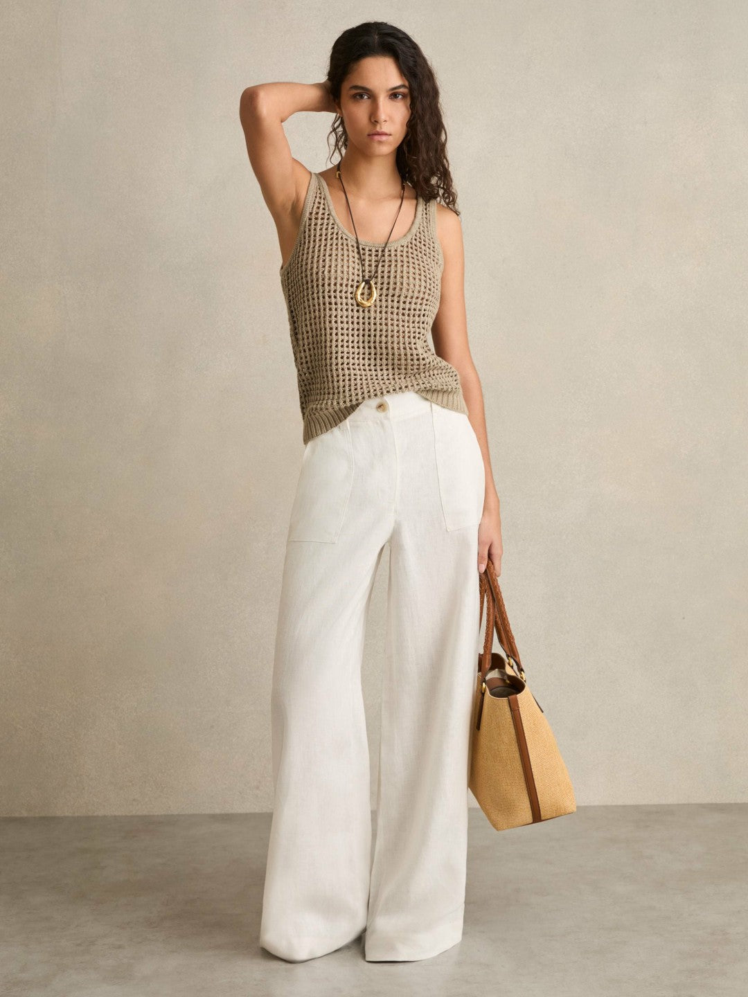 Linen Open Knit Vest Stone | Women