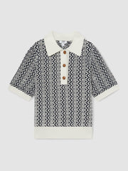 Zig-Zag Knit Polo Shirt Blue/Ivory | Women