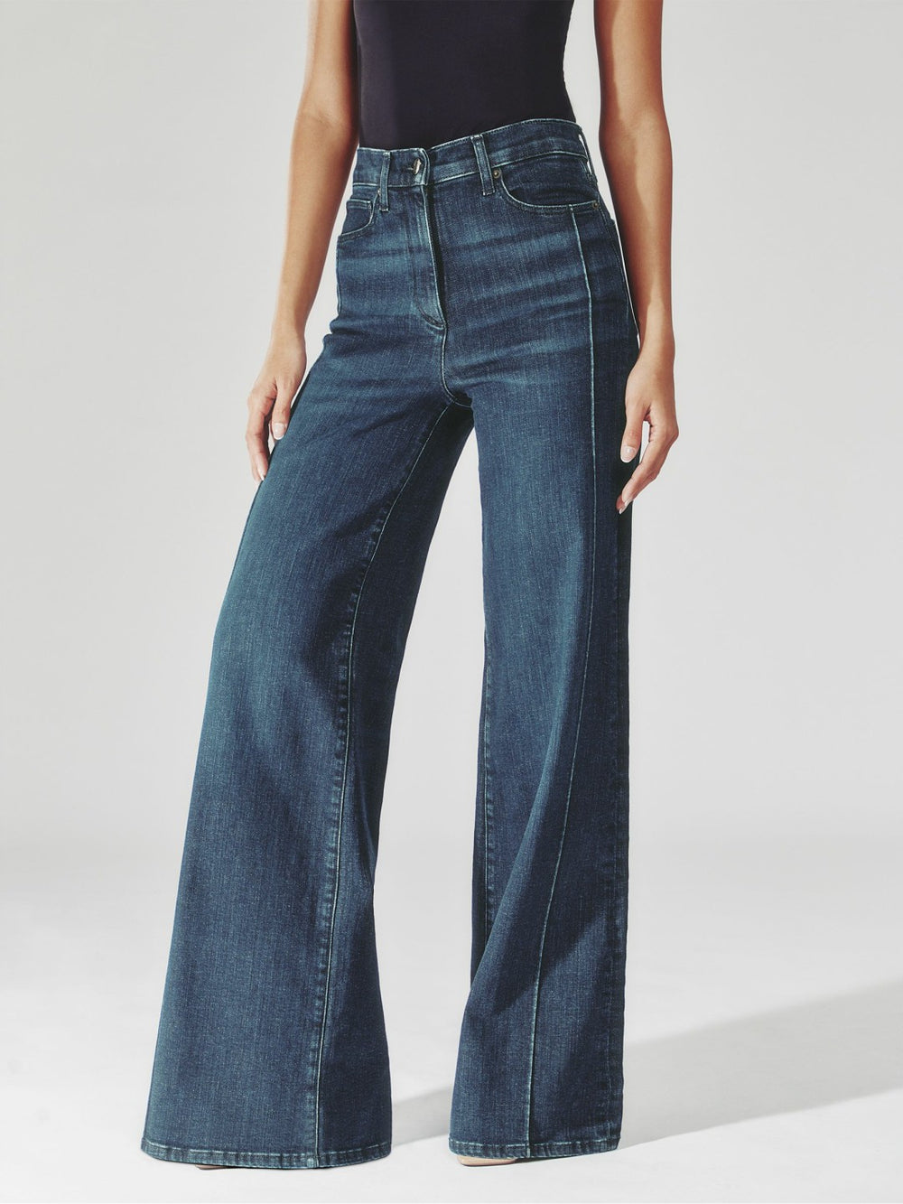 Petite Stretch-Cotton Wide-Leg Jeans Mid Blue | Women