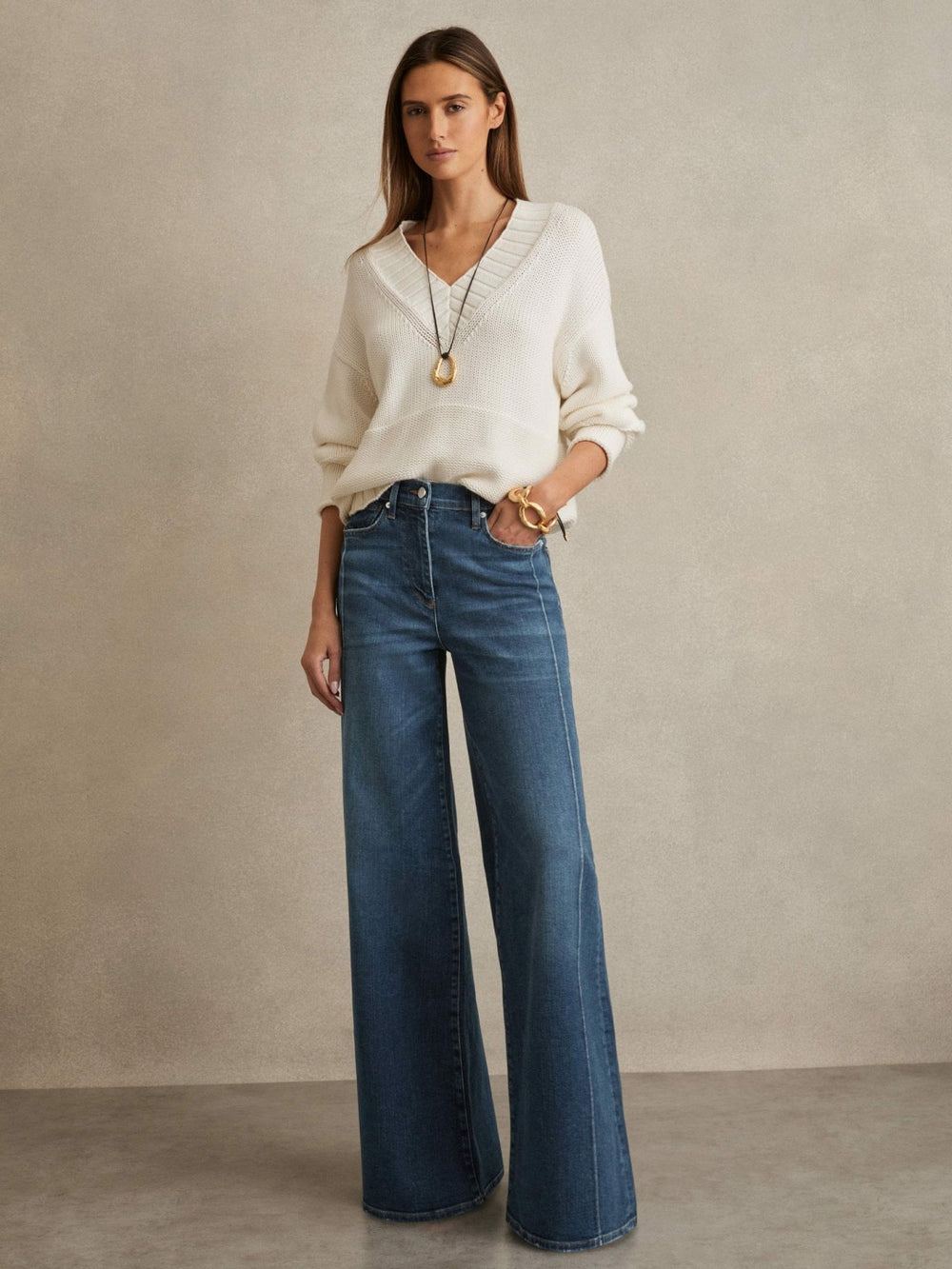 Petite Stretch-Cotton Wide-Leg Jeans Mid Blue | Women