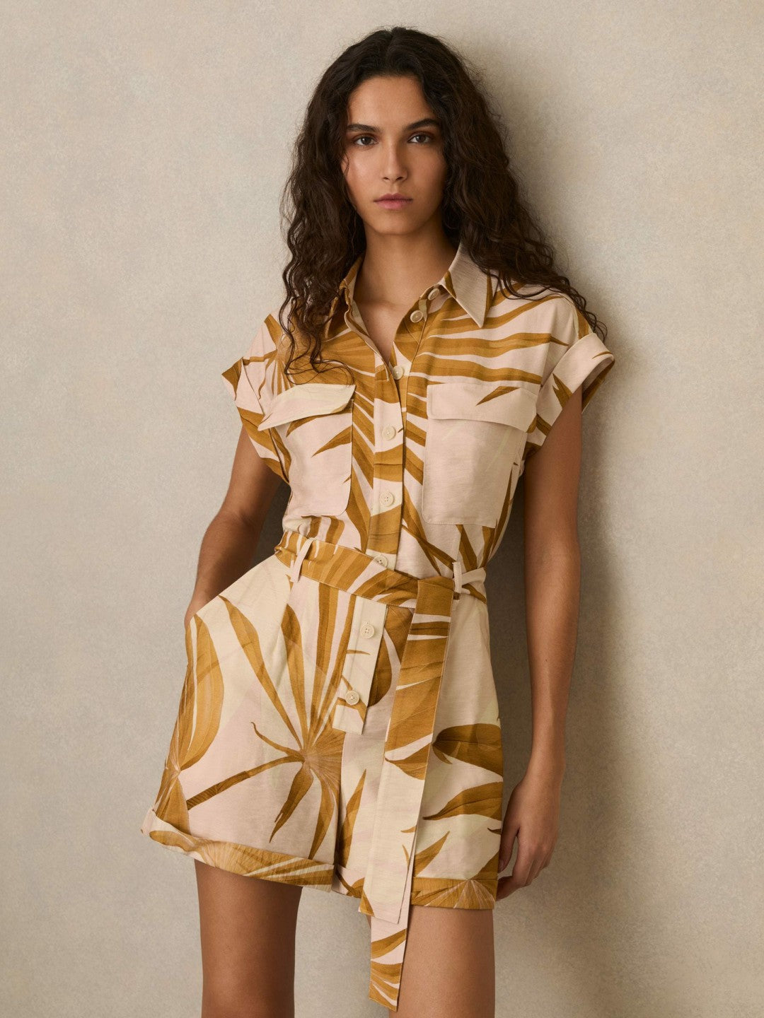 Palm Print Belted Playsuit Neutral | Women