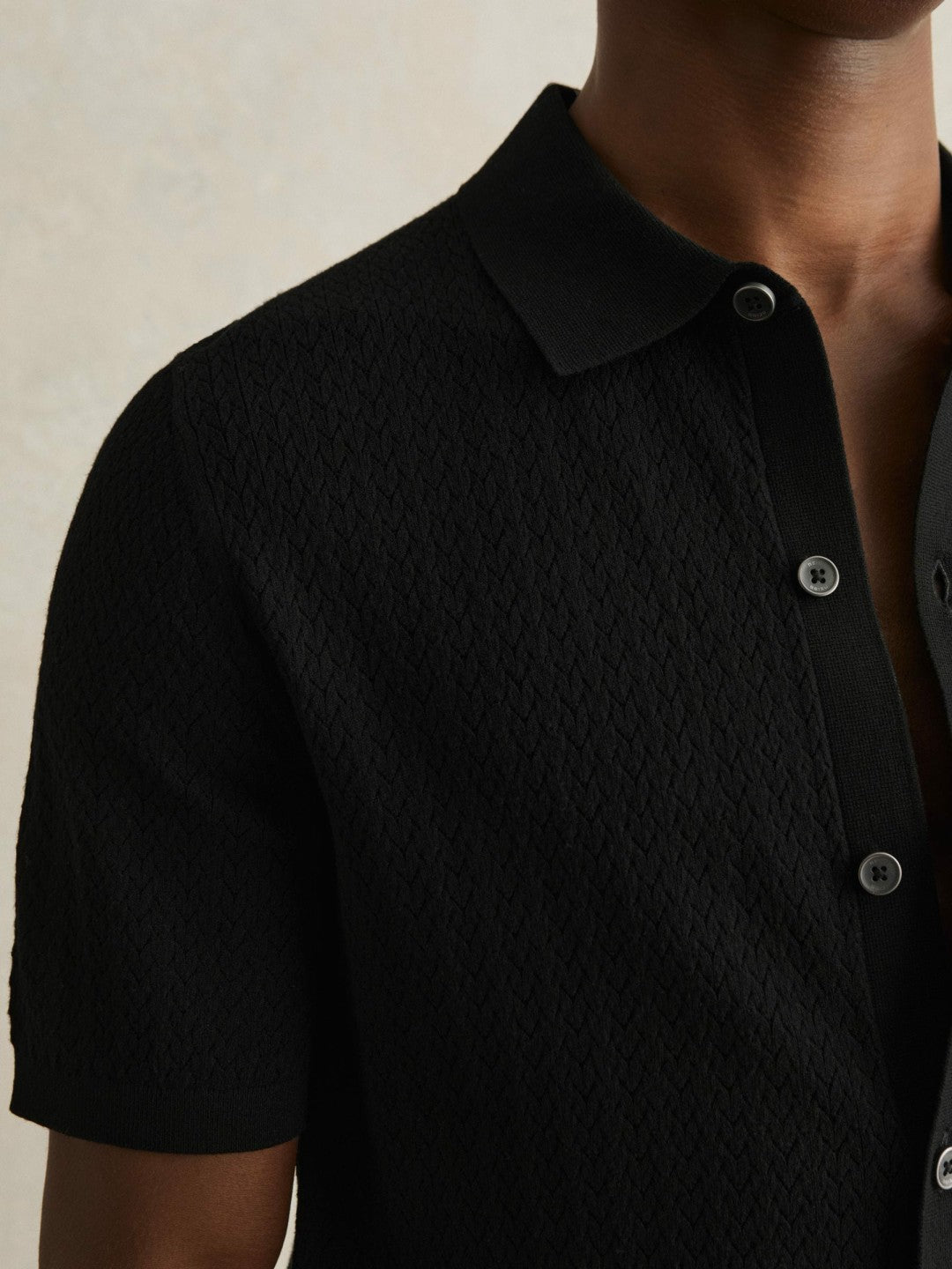 Textured Knit Button-Through Shirt Black | Men