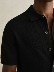 Textured Knit Button-Through Shirt Black | Men