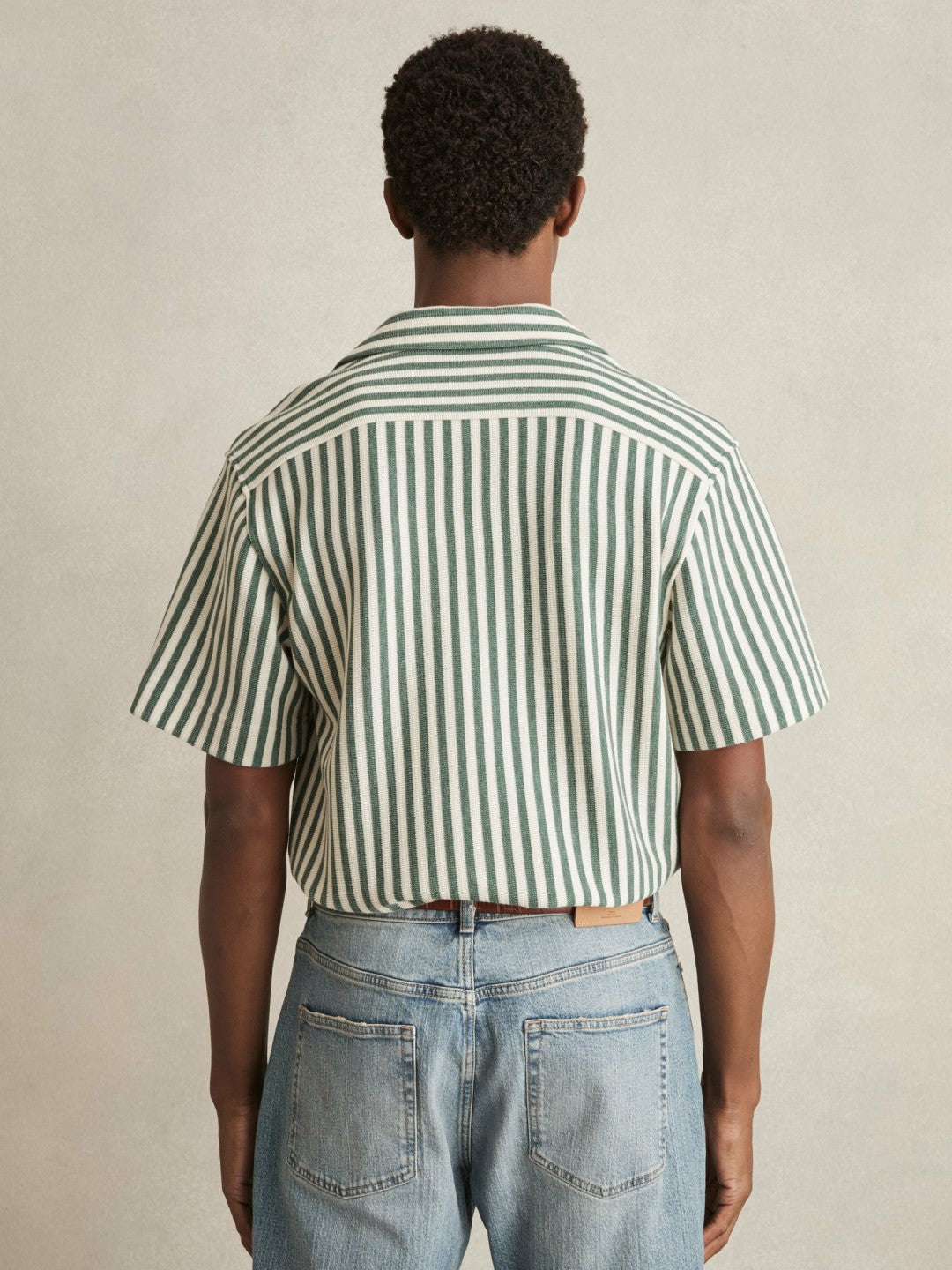 Textured Stripe Cuban-Collar Shirt Green/White | Men