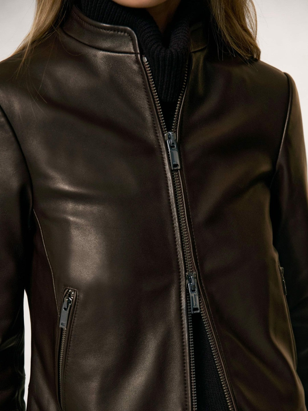Leather Collarless Biker Jacket Chocolate Brown | Women