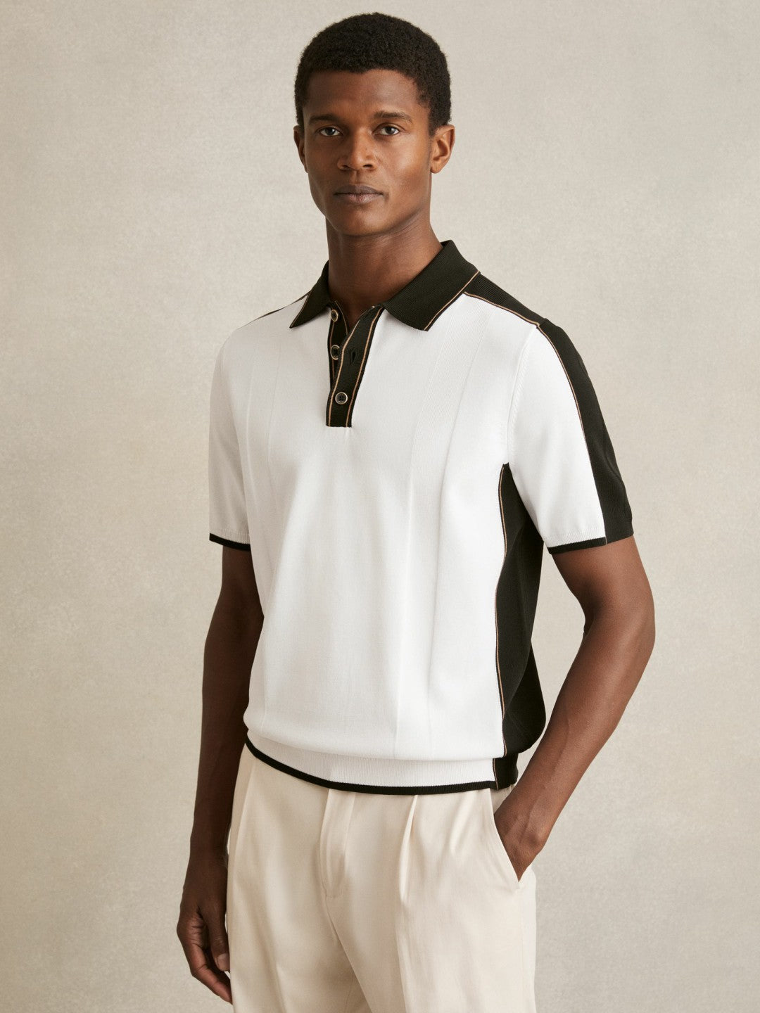 Colour-Block Knit Polo Shirt Optic White/Green | Men