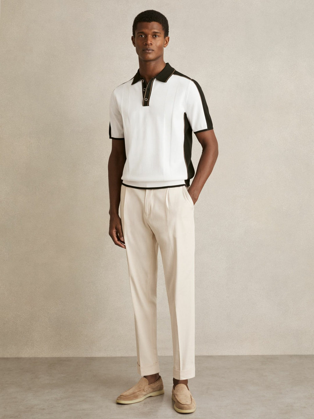 Colour-Block Knit Polo Shirt Optic White/Green | Men