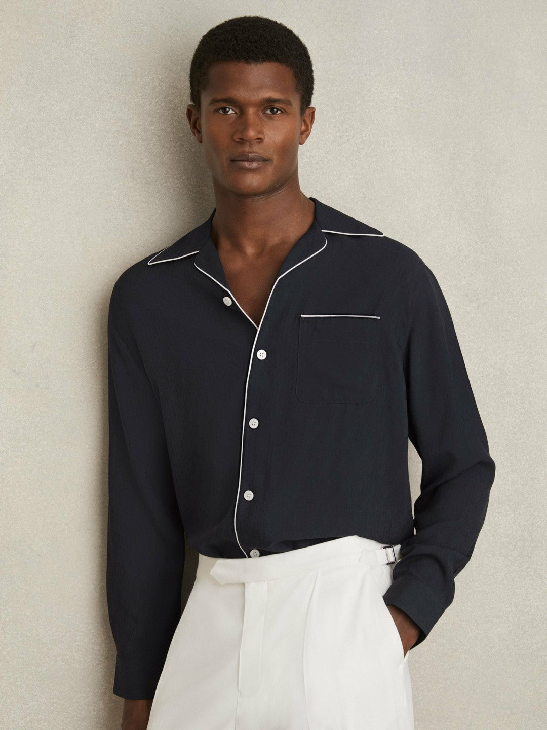 Cuban Collar Shirt with Piping Detail Shirt Navy | Men