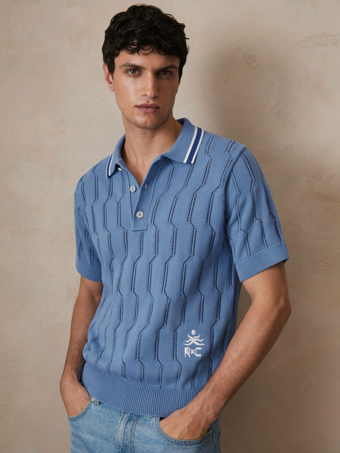 | Ché Cotton Pointelle Polo Shirt Blue | Men