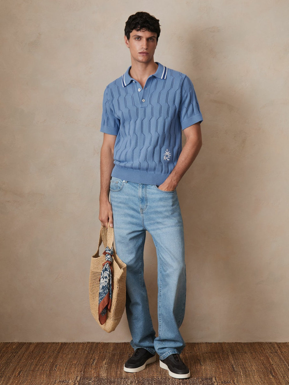 | Ché Cotton Pointelle Polo Shirt Blue | Men