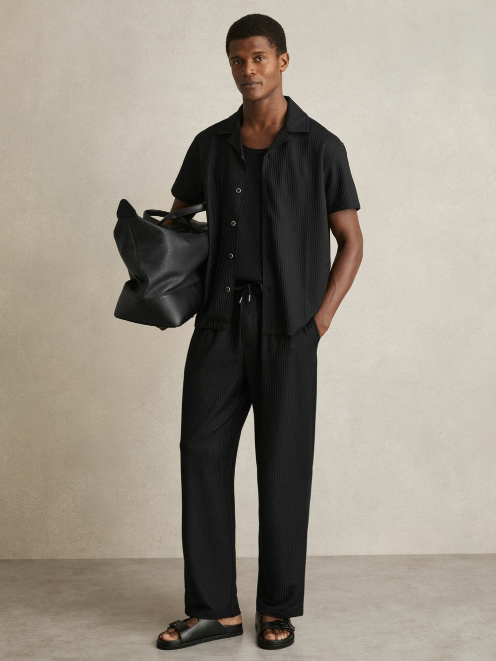 Textured-Knit Cuban-Collar Shirt Black | Men