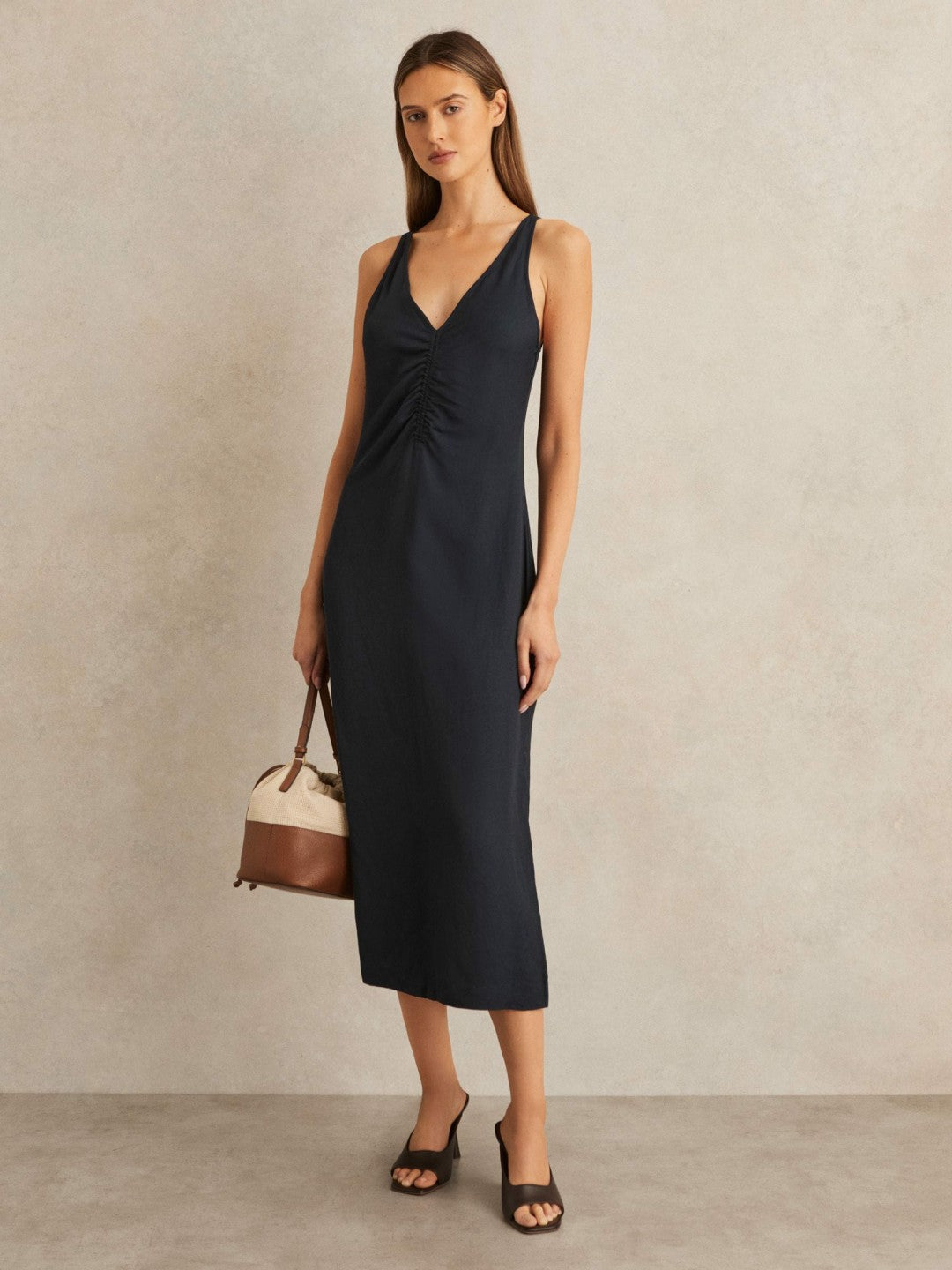 Ruched Sleeveless Midi Dress With Linen Navy | Women