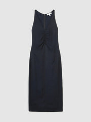 Ruched Sleeveless Midi Dress With Linen Navy | Women