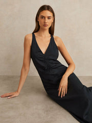 Ruched Sleeveless Midi Dress With Linen Navy | Women