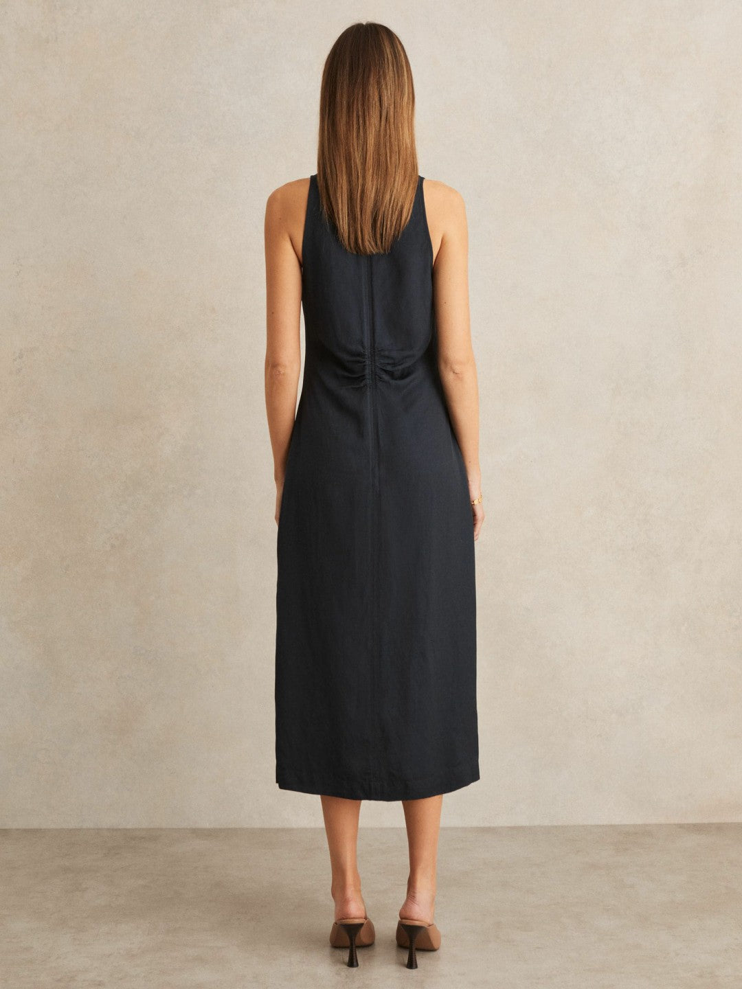 Ruched Sleeveless Midi Dress With Linen Navy | Women