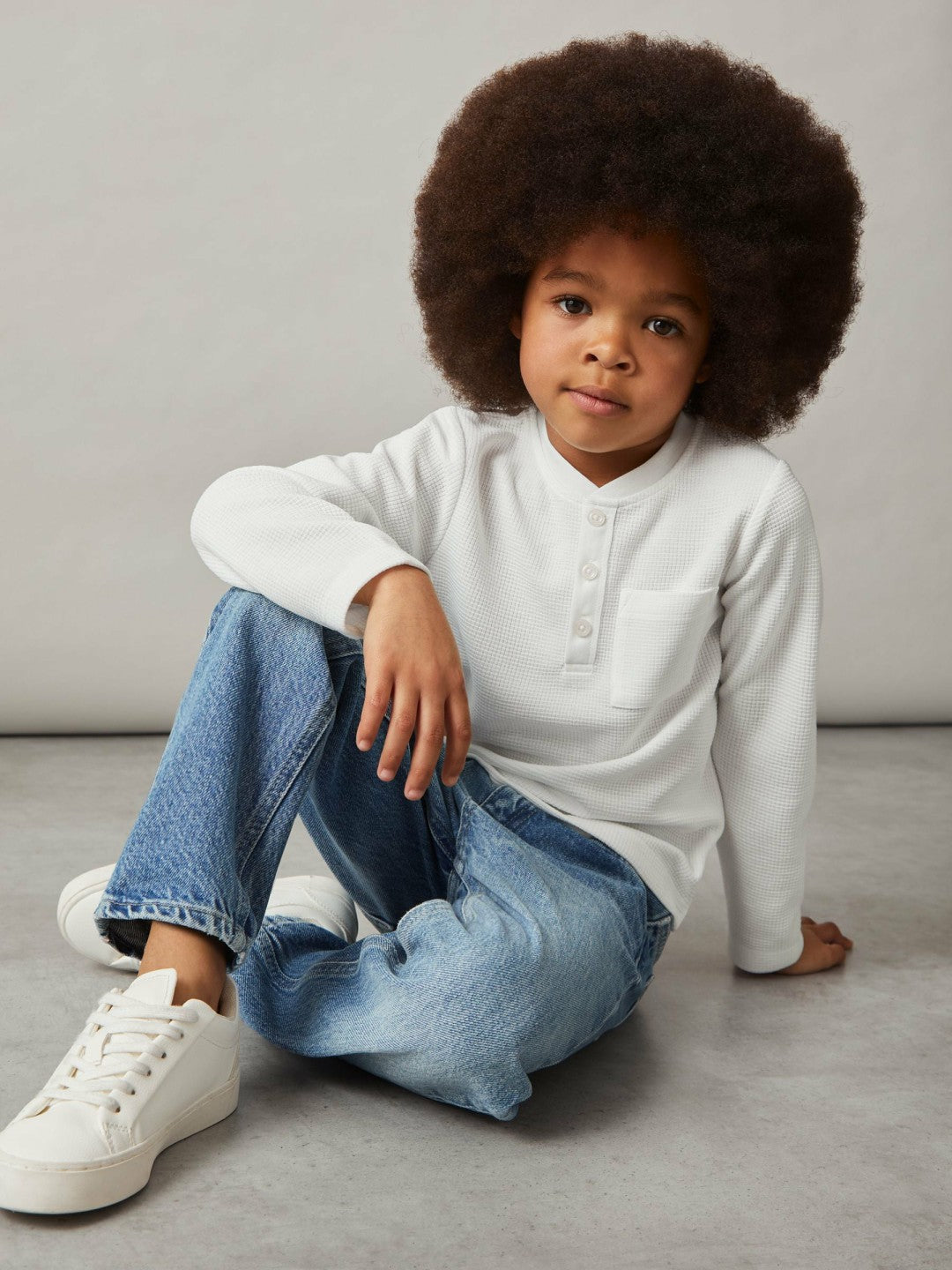 9-13 yrs Cotton-Blend Waffle Henley T-Shirt White | Children & Baby