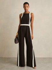 Colourblock Wide Leg Belted Jumpsuit Chocolate/Cream | Women