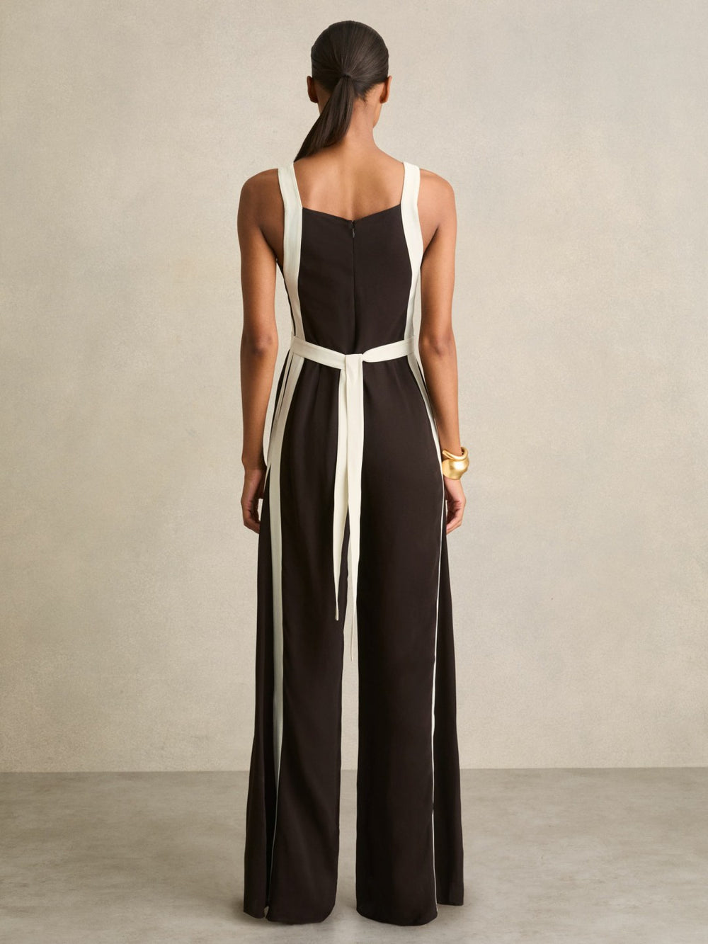 Colourblock Wide Leg Belted Jumpsuit Chocolate/Cream | Women