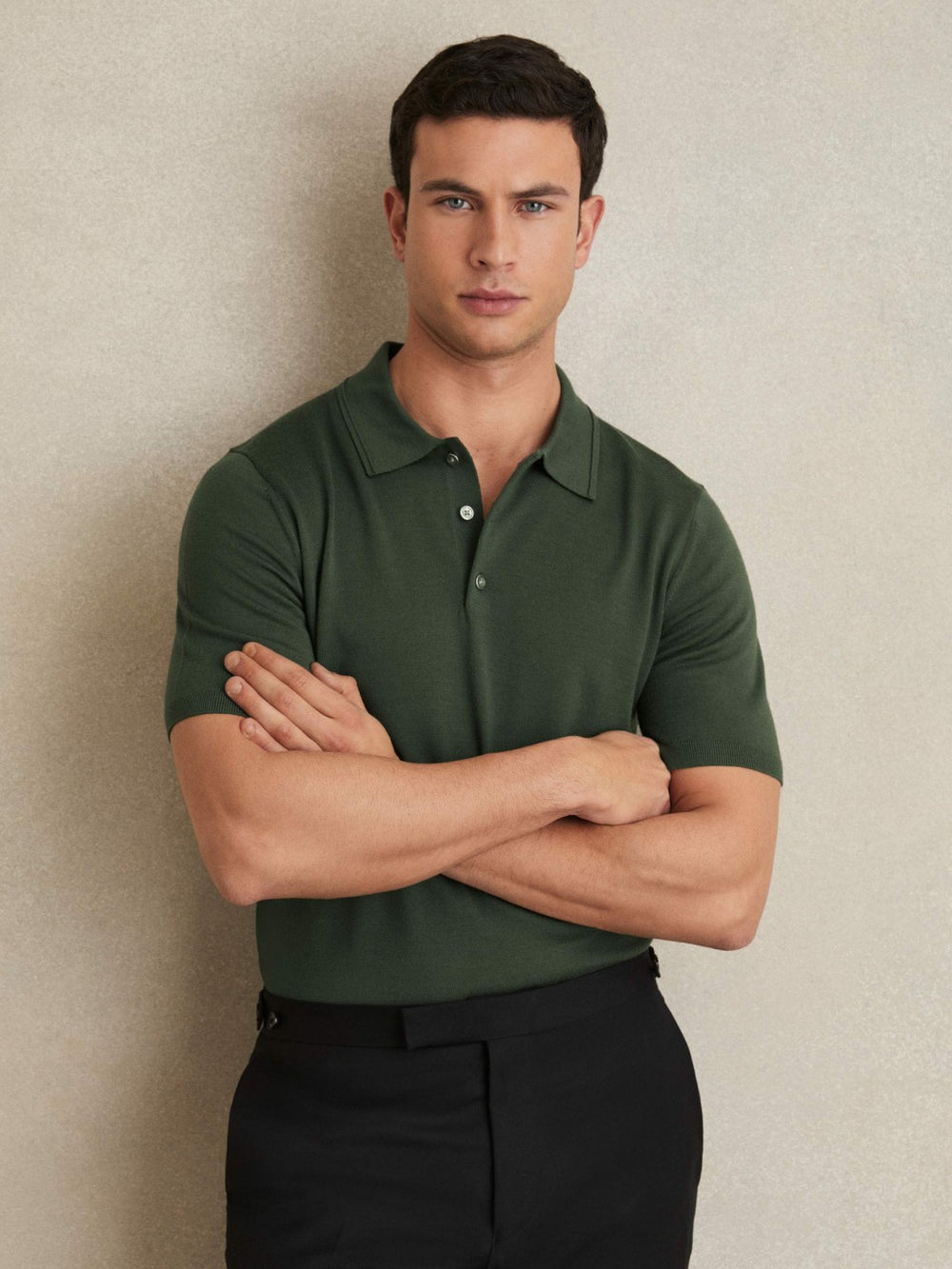 Merino Wool Short-Sleeve Polo Shirt Kale Green | Men