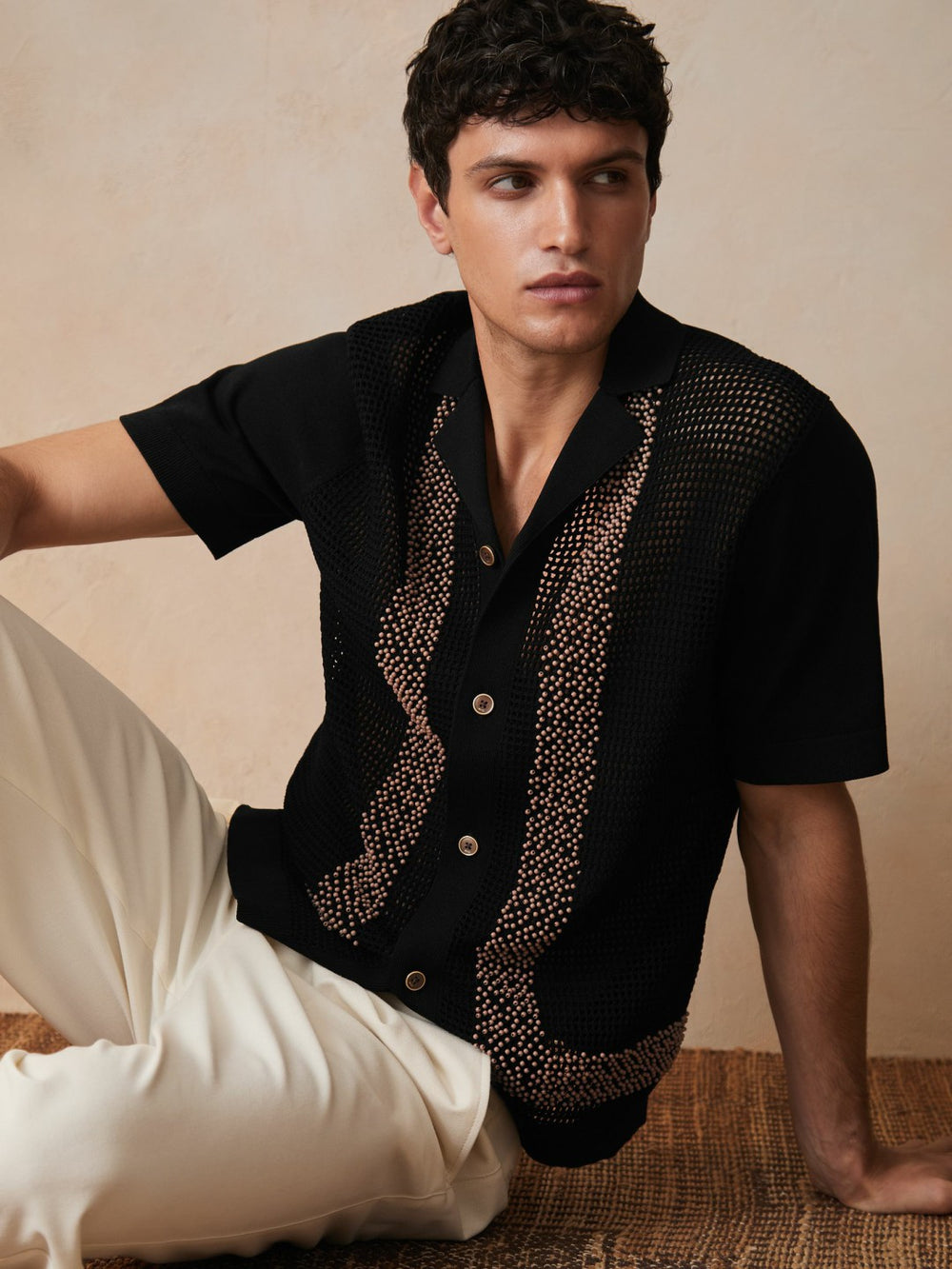 | Ché Beaded Crochet Shirt Black | Men