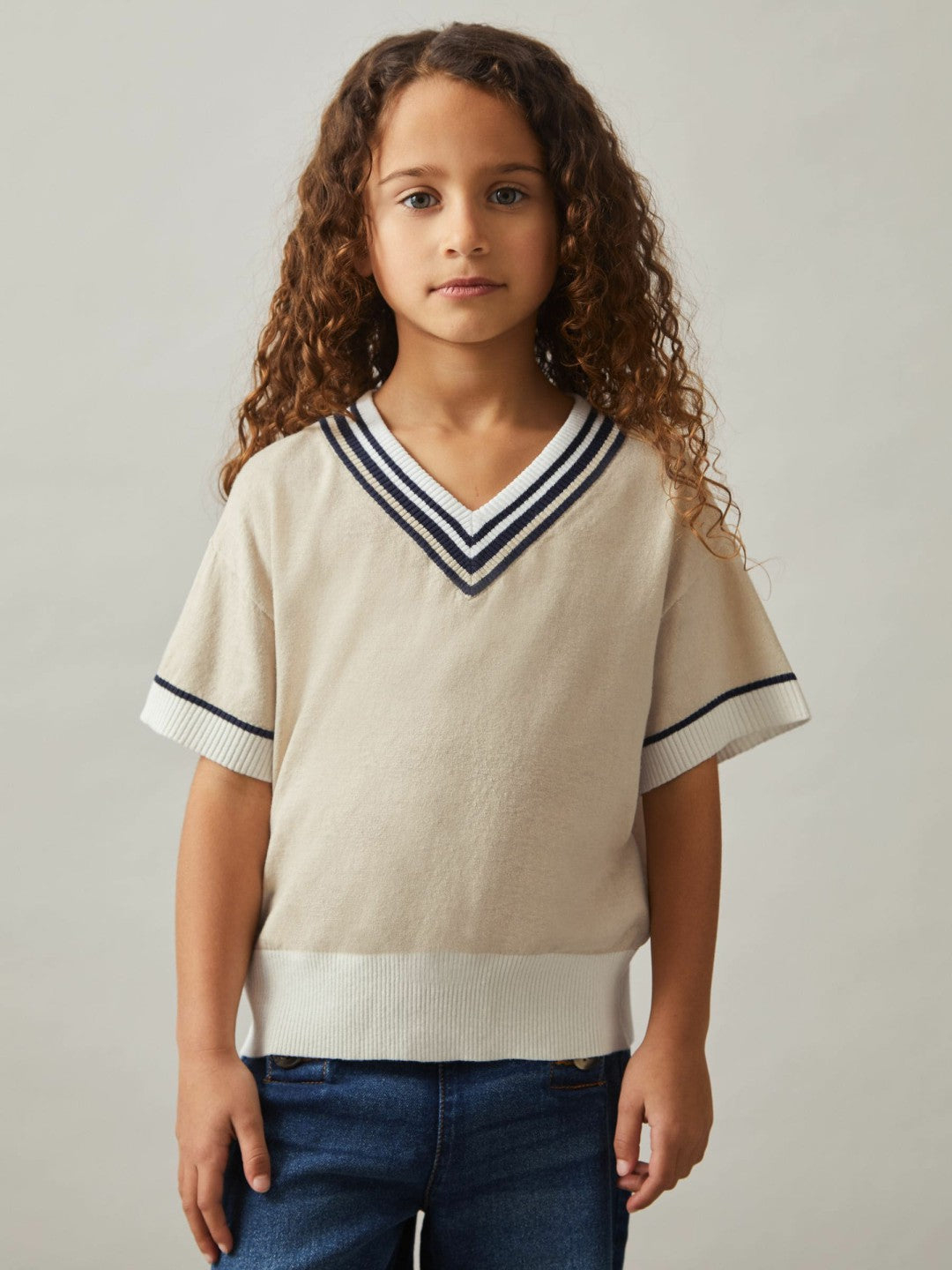 13-14 yrs Cotton-Linen Knit V-Neck Cricket Top Neutral | Children & Baby