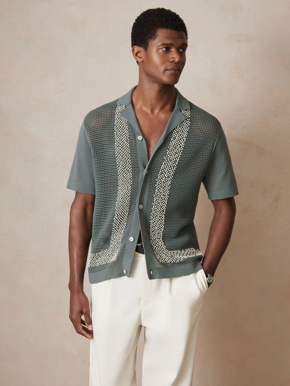 | Ché Beaded Crochet Shirt Sage | Men