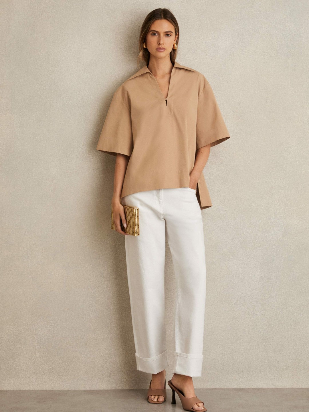 Cotton Blend Craft Stitch Collared Top Camel | Women