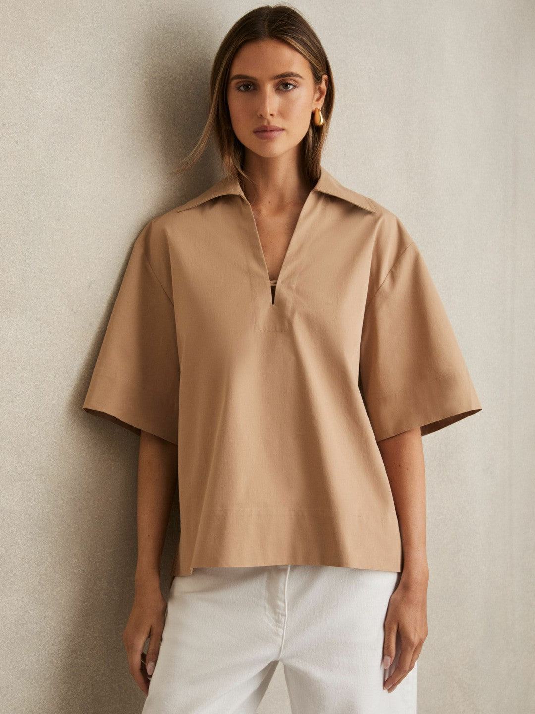 Cotton Blend Craft Stitch Collared Top Camel | Women